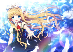 Rule 34 | 00s, 1girl, air (visual novel), beckoning, blonde hair, blue eyes, feathers, floating hair, hair ribbon, highres, kamio misuzu, lens flare, long hair, looking at viewer, mauve, outstretched arm, outstretched hand, ponytail, ribbon, school uniform, sky, smile, solo, very long hair, wind