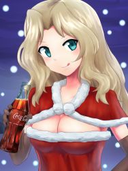 Rule 34 | 10s, 1girl, :p, blonde hair, blue eyes, bottle, breasts, brown gloves, capelet, christmas, cleavage, coca-cola, commentary, dress, elbow gloves, girls und panzer, gloves, hat, highres, holding, kay (girls und panzer), long hair, looking at viewer, red dress, santa costume, santa hat, smile, snow, soda bottle, solo, standing, strapless, strapless dress, tongue, tongue out, zakku (kya--193)