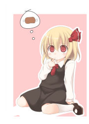Rule 34 | 1girl, blonde hair, boned meat, embodiment of scarlet devil, female focus, finger to mouth, food, hair ribbon, meat, nami (cassette), red eyes, ribbon, rumia, sitting, solo, thought bubble, touhou, wariza