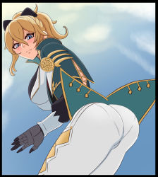 Rule 34 | 1girl, ass, blonde hair, blue eyes, blush, bow, breasts, cameltoe, coat, embarrassed, from behind, from below, genshin impact, gloves, hair bow, highres, huge ass, jean (genshin impact), large breasts, leaning, leaning forward, long hair, looking at viewer, looking down, pants, pantylines, ponytail, shadowmm2, sideboob, skin tight, solo, thick thighs, thighs, tight clothes, tight pants