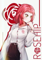 Rule 34 | 1girl, absurdres, belt, blush, character name, closed mouth, collarbone, girls und panzer, highres, mizzterbii, red hair, rosehip (girls und panzer), shirt, short hair, simple background, solo, white shirt, yellow eyes