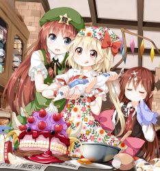Rule 34 | 3girls, :q, apron, bad food, banana, blush, bow, bowl, braid, cabinet, cake, closed eyes, collared shirt, demon girl, demon wings, egg, eggshell, fangs, flandre scarlet, floral print, food, food on clothes, food on face, fruit, grey eyes, hair bow, hair ribbon, handkerchief, hat, head scarf, head wings, hong meiling, horns, icing, indoors, kitchen, koakuma, licking lips, long hair, long sleeves, multiple girls, neck ribbon, necktie, newspaper, open mouth, pastry bag, pointy ears, puffy short sleeves, puffy sleeves, red eyes, red hair, red necktie, ribbon, ruu (tksymkw), shirt, short sleeves, skirt, skirt set, smile, spilling, star (symbol), strawberry, tongue, tongue out, touhou, tress ribbon, twin braids, very long hair, vest, weighing scale, whipped cream, whisk, wing collar, wings, wiping face