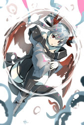 Rule 34 | 1girl, :o, alternate color, artist name, bad id, bad pixiv id, bare shoulders, black thighhighs, blue hair, breasts, cleavage, detached sleeves, dizzy (guilty gear), feathered wings, fetal position, gameplay mechanics, guilty gear, hair ribbon, hair rings, highres, legs together, long hair, long sleeves, meth (emethmeth), nail polish, open mouth, red eyes, red nails, red ribbon, red wings, ribbon, solo, tail, tail ornament, tail ribbon, thighhighs, twintails, wings