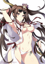 Rule 34 | 1girl, arm behind head, arm up, armpits, bare shoulders, bikini, blush, breasts, brown hair, cleavage, collarbone, earrings, eyewear on head, fate/grand order, fate (series), grey eyes, hair ornament, highres, jewelry, large breasts, long hair, looking at viewer, multiple earrings, navel, open clothes, open mouth, polearm, puuzaki puuna, robe, simple background, spear, sunglasses, swimsuit, twintails, very long hair, weapon, white background, white bikini, yu mei-ren (fate), yu mei-ren (swimsuit lancer) (fate)