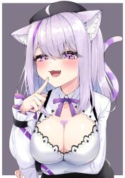 Rule 34 | 1girl, animal ears, black hat, breasts, cat ears, cat tail, cleavage, cleavage cutout, clothing cutout, fang, hat, heart on chest, highres, hololive, large breasts, nekomata okayu, nekomata okayu (wonderland), open mouth, purple eyes, purple hair, solo, tail, virtual youtuber, zooanime