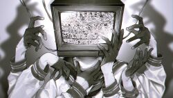 Rule 34 | 1girl, black gloves, commentary request, crt, echo (vocaloid), extra arms, glitch, gloves, grey theme, greyscale, half gloves, hand focus, highres, long sleeves, monochrome, object head, ponponpananda, sailor collar, school uniform, shadow, sleeves past elbows, solo, static, television, upper body, wire