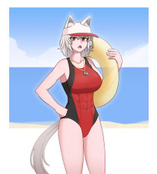Rule 34 | 1girl, abs, animal ear fluff, animal ears, beach, black one-piece swimsuit, breasts, cloud, cloudy sky, commentary, competition swimsuit, cowboy shot, fang, hand on own hip, highres, innertube, inubashiri momiji, lifeguard, looking at viewer, mata (matasoup), multicolored clothes, multicolored swimsuit, navel, one-piece swimsuit, open mouth, red eyes, red one-piece swimsuit, sky, solo, swim ring, swimsuit, tail, touhou, visor cap, whistle, whistle around neck, white hair, wolf ears, wolf tail