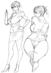 Rule 34 | 1girl, ass, bottomless, breasts, business suit, curvy, formal, glasses, greyscale, hair bun, hand on own hip, high heels, hip focus, huge breasts, jacket, looking back, mature female, monochrome, pencil skirt, shoes, single hair bun, sketch, skirt, skirt suit, source request, standing, suit, tatsunami youtoku, wide hips
