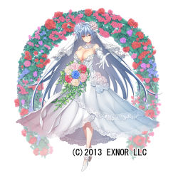 Rule 34 | 1girl, ahoge, arch, asa (xametaler), bare shoulders, blue hair, breasts, cleavage, commentary request, dress, elbow gloves, eterna (sennen sensou aigis), floral arch, flower, full body, gloves, hair between eyes, high heels, huge ahoge, large breasts, long hair, looking at viewer, official art, rose, sennen sensou aigis, simple background, smile, solo, veil, very long hair, wedding dress, white background, yellow eyes