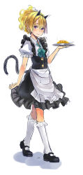 Rule 34 | animal ears, apron, blonde hair, cat ears, cat tail, dress, earrings, food, highres, jewelry, kneehighs, maid, maid apron, necolab, omelet, omurice, original, ponytail, purple eyes, sketch, socks, solo, tail, tray