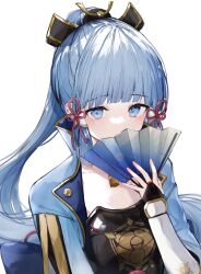 Rule 34 | 1girl, armor, ayaka (genshin impact), blue eyes, blue jacket, blunt bangs, bridal gauntlets, chinese knot, closed mouth, collared jacket, covering own mouth, dou, fan over face, folding fan, genshin impact, gold trim, grey hair, hair ornament, hand fan, hand up, high collar, highres, holding, holding fan, jacket, japanese armor, kote, long hair, looking at viewer, neck tassel, ponytail, revision, smile, solo, suashi, upper body