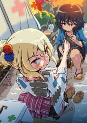 Rule 34 | 2girls, absurdres, alternate hairstyle, andou (girls und panzer), barefoot, black hair, black shirt, blonde hair, blue jacket, blue kimono, blush, brown eyes, brown footwear, caterpillar tracks, closed mouth, commentary request, commission, cross, dark-skinned female, dark skin, first aid, first aid kit, frown, geta, girls und panzer, green shorts, hair up, hanten (clothes), highres, holding another&#039;s leg, jacket, japanese clothes, kimono, kuroneko douji, lantern, leg up, long sleeves, medium hair, messy hair, multiple girls, obi, oshida (girls und panzer), outdoors, paper lantern, partial commentary, pixiv commission, red cross, sash, shirt, short ponytail, shorts, sitting, squatting, summer festival, sweatdrop, textless version, twilight