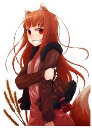 Rule 34 | 1girl, absurdres, animal ears, ayakura juu, brown hair, dress, fur trim, grin, highres, holo, jacket, long hair, looking at viewer, pouch, red eyes, scan, smile, solo, spice and wolf, tail, wheat, wolf ears, wolf tail, wristband