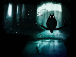 Rule 34 | 1boy, artist name, asphyxiation, character request, crossover, death, drowning, glowing, glowing eyes, highres, limbo (game), limited palette, nature, nekobus, parody, partially underwater shot, paul connor, studio ghibli, susuwatari, tonari no totoro, totoro, traditional youkai, underwater