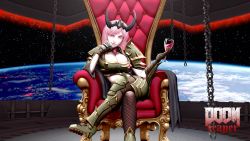 Rule 34 | 1girl, 3d background, absurdres, breasts, cleavage, crossed legs, cup, doom (series), doom eternal, doomguy, drinking glass, hand on chin, highres, hololive, hololive english, large breasts, long hair, mori calliope, pink hair, red eyes, sitting, smile, space, star (sky), star (symbol), starry background, virtual youtuber, wine glass