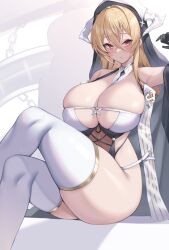 Rule 34 | 1girl, azur lane, bare shoulders, between breasts, black dress, black gloves, blonde hair, blurry, blurry background, blush, breasts, commentary, commentary request, cross, crossed bangs, crossed legs, detached sleeves, dress, gloves, habit, hair between eyes, highres, horns, huge breasts, implacable (azur lane), invisible chair, kuavera, long hair, looking at viewer, red eyes, sideless outfit, sitting, skindentation, sleeveless, sleeveless dress, thick thighs, thighhighs, thighs