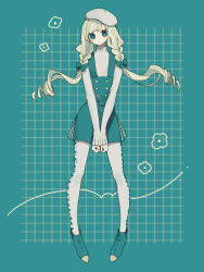 Rule 34 | 1girl, aqua theme, beret, blonde hair, blue eyes, bow, braid, dress, full body, grid background, hair bow, hat, highres, long hair, long sleeves, looking at viewer, maco22, original, pantyhose, signature, solo, standing, sweater, turtleneck, twin braids, twintails, white hat, white pantyhose, white sweater
