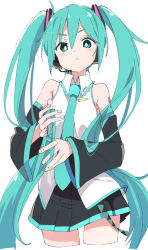 Rule 34 | 1girl, aqua eyes, aqua hair, aqua necktie, bare shoulders, black skirt, black sleeves, cowboy shot, cropped legs, detached sleeves, frown, hair ornament, hatsune miku, headphones, headset, ixy, long hair, looking at viewer, miniskirt, necktie, playing with own hair, pleated skirt, shirt, shoulder tattoo, simple background, skirt, sleeveless, sleeveless shirt, solo, tattoo, twintails, very long hair, vocaloid, white shirt