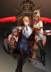 Rule 34 | 3girls, animal ears, armchair, artoria pendragon (all), artoria pendragon (alter swimsuit rider) (fate), artoria pendragon (alter swimsuit rider) (second ascension) (fate), artoria pendragon (fate), bad id, bad twitter id, bikini, black legwear, blonde hair, chair, chalice, cup, fate/grand order, fate (series), finger to mouth, gloves, highres, looking at viewer, maid, maid bikini, maid headdress, mordred (fate), mordred (fate/apocrypha), multiple girls, pantyhose, parted lips, pouring, pouring onto self, saber (fate), saber alter, saejin oh, smile, swimsuit, thighhighs, tray, unconventional maid
