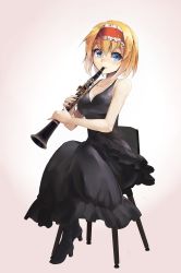 Rule 34 | 1girl, absurdres, alice margatroid, bare arms, black dress, black footwear, blonde hair, blue eyes, boots, chair, clarinet, clear echoes, collarbone, cross-laced footwear, dress, frilled dress, frills, full body, gradient background, hairband, high heel boots, high heels, highres, instrument, lace-up boots, lolita hairband, looking at viewer, music, pink background, playing instrument, short hair, sitting, sleeveless, solo, touhou