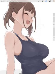 Rule 34 | 1girl, :d, ^ ^, bare shoulders, black one-piece swimsuit, blue one-piece swimsuit, blunt bangs, blush, breasts, brown hair, closed eyes, collarbone, commentary request, double bun, hair bun, highres, idolmaster, idolmaster shiny colors, large breasts, medium hair, misekai 555, one-piece swimsuit, open mouth, procreate (software), school uniform, short twintails, simple background, sitting, smile, solo, sonoda chiyoko, swimsuit, thighs, twintails, white background