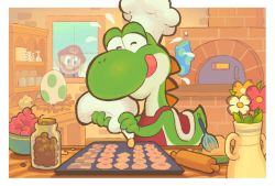 Rule 34 | 1boy, apron, blue eyes, bowl, chef hat, cherry, cookie, egg, facial hair, flower, food, fruit, gashi-gashi, hat, jar, mario, mario (series), mustache, nintendo, oven, oven mitts, red apron, red flower, red headwear, rolling pin, solo focus, tongue, tongue out, vase, white flower, window, yellow flower, yoshi