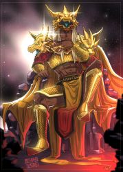 Rule 34 | 1boy, abs, arm guards, armor, armored boots, boots, cape, colored sclera, commentary, crown, dragon, godzilla (series), gold armor, helmet, highres, horns, jewelry, king ghidorah, licking lips, long hair, looking at viewer, nekkyo usagi, personification, red sclera, ring, scales, sharp teeth, shoulder armor, sitting, smirk, space, tan, teeth, tongue, tongue out, white hair, yellow cape, yellow eyes