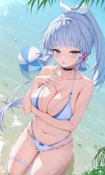 Rule 34 | 1girl, absurdres, arm under breasts, ayaka (genshin impact), ball, bare shoulders, beachball, bikini, blue hair, blush, bow, bow swimsuit, breasts, cleavage, genshin impact, hair bow, hair ornament, highres, kneeling, large breasts, leaf, light blue hair, long hair, looking at viewer, mole, mole under eye, ocean, outdoors, partially submerged, ponytail, rosumerii, sand, solo, swimsuit, water drop, white bikini