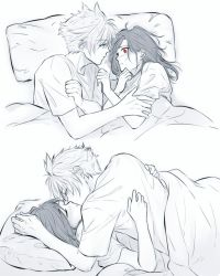 Rule 34 | 1boy, 1girl, bed sheet, blush, closed eyes, cloud strife, commentary, final fantasy, final fantasy vii, from above, kiss, long hair, looking at another, lying, maiii (smaii i), monochrome, pillow, profile, red eyes, shirt, short hair, short sleeves, symbol-only commentary, tifa lockhart