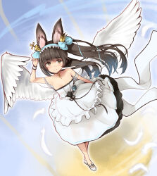 Rule 34 | 1girl, alternate costume, alternate hairstyle, angel wings, animal ear fluff, animal ears, arm up, azur lane, bare shoulders, black hair, blunt bangs, blush, bow, breasts, choker, closed mouth, collarbone, crown, dress, evening gown, feathered wings, feathers, flower, fox ears, fox girl, frilled dress, frills, from above, full body, hair bow, hair ornament, hairband, highres, jewelry, long hair, looking at viewer, looking up, mini crown, nagato (azur lane), nagato (guardian fox&#039;s procession) (azur lane), nanase takaoka, necklace, off shoulder, official alternate costume, ribbon, see-through silhouette, shoes, side ponytail, sidelocks, sleeveless, sleeveless dress, small breasts, smile, solo, standing, strapless, strapless dress, twintails, white dress, white footwear, white wings, wind, wings, wrist cuffs, wristband, yellow eyes