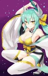 Rule 34 | 1girl, absurdres, bare shoulders, breasts, c3yooooo, cleavage, fate/grand order, fate (series), gradient background, green hair, hair ribbon, highres, kiyohime (fate), kiyohime (fate/grand order), kiyohime (swimsuit lancer) (fate), kiyohime (swimsuit lancer) (first ascension) (fate), large breasts, long hair, looking at viewer, purple background, ribbon, solo, squatting, strap gap, thighhighs, white thighhighs, yellow eyes, yellow ribbon