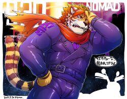 Rule 34 | 1boy, animal ears, artist name, bara, blush, character name, commentary request, dated, fangs, furry, furry male, hand in own hair, hand on own hip, jacket, kishi guma, leather, leather jacket, looking to the side, male focus, nomad (housamo), open mouth, red scarf, scarf, speech bubble, sweatdrop, tail, tiger boy, tiger ears, tiger stripes, tiger tail, tokyo houkago summoners, translation request