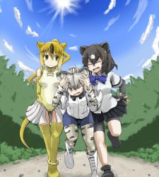 Rule 34 | 3girls, ^ ^, african wild dog (kemono friends), african wild dog print, animal ear fluff, animal ears, animal print, annoyed, arms behind back, bear ears, bike shorts, black footwear, black hair, black skirt, blue sky, bodystocking, boots, bow, bowtie, breast pocket, brown bear (kemono friends), circlet, closed eyes, closed mouth, commentary request, cutoffs, day, dog ears, dog tail, elbow gloves, closed eyes, fingerless gloves, friends, full body, gloves, golden snub-nosed monkey (kemono friends), green eyes, grey eyes, grey hair, hair between eyes, hand on another&#039;s head, hand on own arm, hands up, hane (kirschbaum), happy, headpat, high ponytail, kemono friends, layered sleeves, leaning forward, leotard, long hair, long sleeves, looking at another, medium hair, monkey ears, monkey tail, multicolored hair, multiple girls, one eye closed, open mouth, outdoors, pocket, print legwear, print sleeves, running, shirt, shoes, short over long sleeves, short sleeves, shorts, shorts under skirt, skirt, sky, smile, spread fingers, sun, tail, thighhighs, two-tone hair, v-shaped eyebrows, walking, white footwear, white hair, white shirt, yellow footwear, yellow gloves, yellow legwear