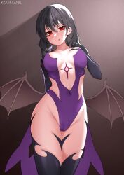 Rule 34 | 1girl, :p, absurdres, black hair, black thighhighs, blush, braid, breasts, breasts apart, cameltoe, chest tattoo, closed mouth, clothing cutout, commission, covered navel, cowboy shot, demon girl, demon wings, empty eyes, groin, hand on own chest, hand up, highleg, highleg leotard, highres, kkam-sang, large breasts, leotard, long hair, looking at viewer, naughty face, nose blush, original, purple leotard, red eyes, side cutout, smile, solo, standing, strapless, strapless leotard, tattoo, thighhighs, thighs, tongue, tongue out, twin braids, waist cape, wings