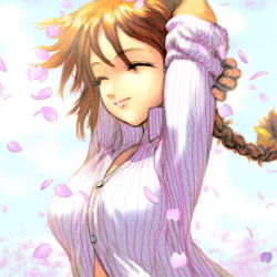 Rule 34 | 1girl, arms behind head, arms up, braid, dead or alive, ebina souichi, eyelashes, closed eyes, kasumi (doa), orange hair, petals, scan, shirt, sleeves pushed up, solo, stretching, tecmo