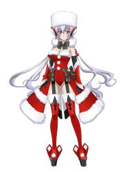 Rule 34 | 1girl, absurdres, bare shoulders, boots, breasts, christmas, cleavage, full body, fur trim, garter straps, hair between eyes, headgear, highres, large breasts, leotard, long hair, platform boots, platform footwear, purple eyes, purple hair, red footwear, senki zesshou symphogear, senki zesshou symphogear xd unlimited, simple background, solo, thigh boots, thighhighs, very long hair, white background, yukine chris