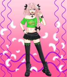 Rule 34 | 1boy, ;d, ankle boots, astolfo (fate), black bow, black choker, black footwear, black skirt, black thighhighs, boots, bow, bracelet, braid, chain belt, choker, clothes writing, collarbone, combat boots, commentary request, contrapposto, crop top, cross, fang, fate/apocrypha, fate (series), feathers, full body, greek cross, green ribbon, green shirt, hair between eyes, hair bow, hair intakes, hair over shoulder, hand on own hip, hand up, highres, jewelry, long hair, looking at viewer, male focus, miniskirt, multicolored hair, navel, off-shoulder shirt, off shoulder, one eye closed, open mouth, pendant, pink background, pink hair, pleated skirt, print shirt, purple eyes, ribbon, ribbon-trimmed legwear, ribbon trim, risvu, shirt, short sleeves, simple background, single braid, skirt, smile, solo, standing, stomach, streaked hair, studded bracelet, thighhighs, trap, two-tone hair, v, white hair, zettai ryouiki