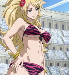 Rule 34 | 1girl, bikini, blonde hair, blue eyes, bracelet, breasts, cleavage, earrings, fairy tail, hair ornament, hand on own hip, jenny realight, jewelry, screencap, stitched, swimsuit, tagme, third-party edit, underboob
