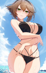 Rule 34 | 1girl, alternate costume, arm under breasts, bikini, black bikini, blue sky, blush, breasts, brown hair, closed mouth, cloud, commentary request, day, flipped hair, green eyes, highres, jewelry, kantai collection, large breasts, looking at viewer, multi-strapped bikini, mutsu (kancolle), navel, ocean, outdoors, ring, short hair, simple background, skindentation, sky, solo, standing, swimsuit, utsumi karmin, wading, water, wedding band, wet