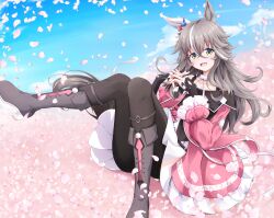 Rule 34 | 1girl, animal ears, black pantyhose, blush, booths, c-rabbit, cherry blossoms, cloud, collarbone, commentary request, green eyes, grey hair, hair ornament, highres, horse ears, horse girl, open mouth, own hands together, pantyhose, petals, sky, solo, thick eyebrows, tree, umamusume, wonder acute (umamusume)