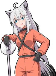 Rule 34 | 1girl, animal ears, black gloves, blue eyes, collared shirt, commentary request, crossed bangs, double-parted bangs, fox ears, fox girl, gloves, grey hair, hair between eyes, hand on own hip, hazmat suit, highres, hololive, jumpsuit, leaning on object, lethal company, long hair, low ponytail, open mouth, orange jumpsuit, road sign, shirakami fubuki, shirt, sideways glance, sign, simple background, smile, solo, stop sign, transparent background, virtual youtuber, yuto (dialique)