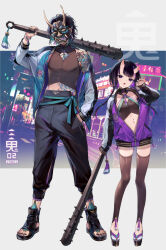 1boy 1girl black_eyes black_hair braid breasts brother_and_sister chinese_clothes claw_pose dudou fang flat_chest full_body highres horns jacket looking_at_viewer mask multicolored_hair navel okobo oni oni_mask open_clothes open_jacket open_mouth original over_shoulder platform_sandals purple_eyes purple_hair sandals siblings siiqa_vivi skin-covered_horns small_breasts spiked_bat step-siblings streaked_hair tabi tassel tattoo thighhighs toes twin_braids two-tone_hair weapon weapon_over_shoulder