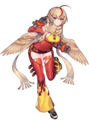Rule 34 | 1girl, ahoge, bird wings, blaziken, blonde hair, blue pupils, breasts, chaps, clenched hand, closed mouth, creatures (company), feathered wings, flame print, fur-trimmed sleeves, fur trim, game freak, gen 3 pokemon, gloves, grey gloves, hair ornament, hairclip, katagiri hachigou, leg up, medium breasts, medium hair, multicolored hair, nintendo, orange thighhighs, personification, pokemon, red hair, scarf, simple background, solo, standing, standing on one leg, streaked hair, thighhighs, torn clothes, torn thighhighs, two-tone hair, white background, wings, yellow eyes
