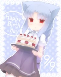 Rule 34 | 00s, 1girl, animal ears, blue hair, braid, cake, cat ears, cat girl, dutch angle, female focus, food, len (tsukihime), melty blood, nightmare cat, red eyes, solo, thighhighs, tsukihime