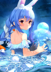Rule 34 | 1girl, absurdres, alternate costume, animal ear fluff, animal ears, ball, bare shoulders, blue hair, braid, carrot hair ornament, closed mouth, food-themed hair ornament, from behind, full moon, hair ornament, heart, heart-shaped pupils, highres, holding, holding ball, hololive, looking at viewer, moon, multicolored hair, night, night sky, ocean, orange eyes, outdoors, rabbit ears, rabbit girl, rabbit tail, sidelocks, sky, solo, star (sky), streaked hair, symbol-shaped pupils, tail, thick eyebrows, twin braids, twintails, two-tone hair, usada pekora, virtual youtuber, water, white hair, yng