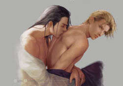 Rule 34 | 2boys, artist name, bindi, black hair, blonde hair, blue eyes, brilcrist, closed eyes, closed mouth, earrings, final fantasy, final fantasy vii, final fantasy vii remake, grey background, jewelry, kiss, kissing back, long hair, looking at another, male focus, multiple boys, nostrils, parted lips, partially undressed, rufus shinra, scar, scar on arm, scar on chest, shiny skin, short hair, shoulder blades, simple background, square enix, topless male, tseng, turks (ff7), twitter username, watermark, web address, yaoi