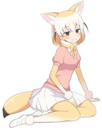 Rule 34 | 10s, 1girl, :3, animal ears, bad id, bad pixiv id, black hair, blonde hair, blush, bow, brown eyes, commentary request, fennec (kemono friends), fox ears, fox tail, kemono friends, looking at viewer, multicolored hair, pleated skirt, shirt, shoes, short-sleeved sweater, short hair, short sleeves, simple background, sitting, skirt, smile, solo, sweater, tail, thighhighs, white background, white skirt, yokozuwari, yuukagen (poipoipopoino)