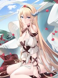 Rule 34 | 1girl, absurdres, arknights, bare shoulders, black hairband, blonde hair, blue eyes, blue sky, breasts, cleavage, cloud, commentary request, day, hairband, highres, horns, large breasts, lingshalan, long hair, looking at viewer, one-piece swimsuit, parted lips, petals, pointy ears, rose petals, saileach (arknights), saileach (summer flowers) (arknights), sitting, sky, solo, swimsuit, thighs, very long hair, wariza