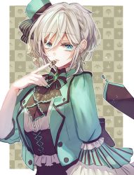Rule 34 | 1girl, alternate costume, anastasia (idolmaster), border, bustier, chocolate, cowboy shot, finger to mouth, green eyes, grey hair, hair between eyes, hat, highres, idolmaster, idolmaster cinderella girls, idolmaster cinderella girls starlight stage, looking at viewer, mini hat, mini top hat, outside border, parted lips, rum raisin (chihiromakita19), short hair, solo, top hat, white border, wide sleeves