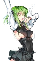 Rule 34 | 1girl, alternate hair length, alternate hairstyle, armpits, artist name, breasts, c.c., code geass, cosplay, creayus, green hair, hair ornament, kantai collection, medium breasts, one eye closed, short hair, simple background, solo, taihou (kancolle), taihou (kancolle) (cosplay), tears, underboob, white background, yawning, yellow eyes